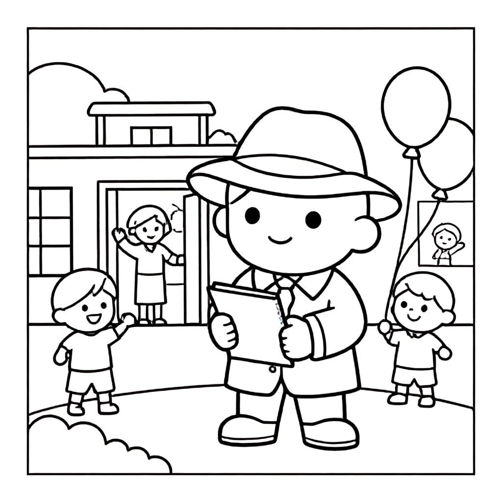 children coloring book page, medium detail, clean black and white line art, bold thick outlines, smooth vector-style lines, no shading, no color, no gray, simple clear shapes, detective wearing coat and hat holding a notebook, smiling children playing outside a school building, teacher standing in doorway waving, balloons floating, simple kid drawings on wall, minimal background clutter,  centered composition, A4 page, kid-friendly illustration --style raw --v 6 --ar 3:4 --no shading --no color --no gradients --no textures