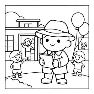 children coloring book page, medium detail, clean black and white line art, bold thick outlines, smooth vector-style lines, no shading, no color, no gray, simple clear shapes, detective wearing coat and hat holding a notebook, smiling children playing outside a school building, teacher standing in doorway waving, balloons floating, simple kid drawings on wall, minimal background clutter,  centered composition, A4 page, kid-friendly illustration --style raw --v 6 --ar 3:4 --no shading --no color --no gradients --no textures
