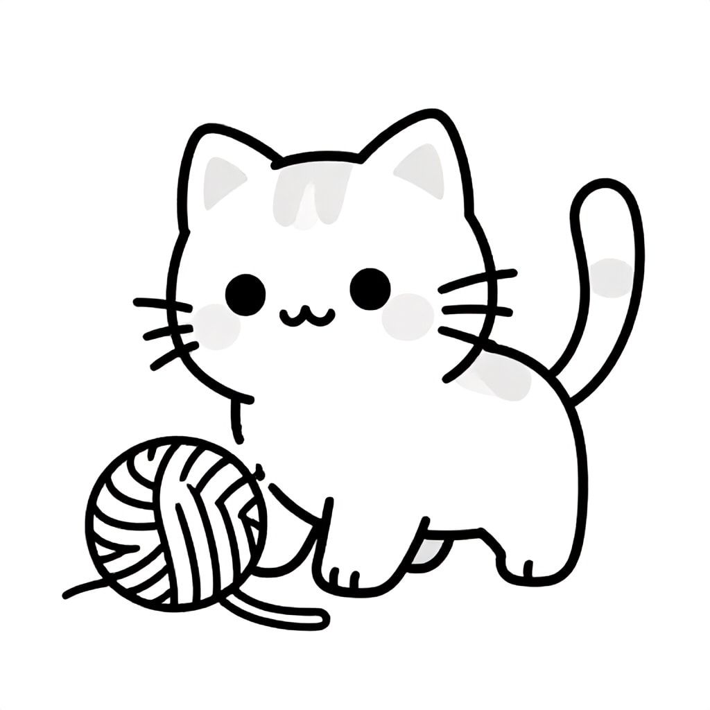 cute cat playing with a ball of yarn,simple coloring book,plack and white ,bold lines,no shading ,for kids