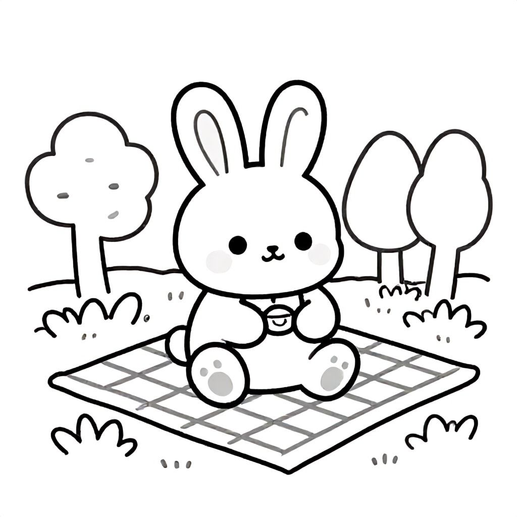 “A cute baby bunny going on a picnic in the forest, simple style, black and white, bold thick lines, no shading, coloring book page for kids”