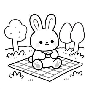 “A cute baby bunny going on a picnic in the forest, simple style, black and white, bold thick lines, no shading, coloring book page for kids”