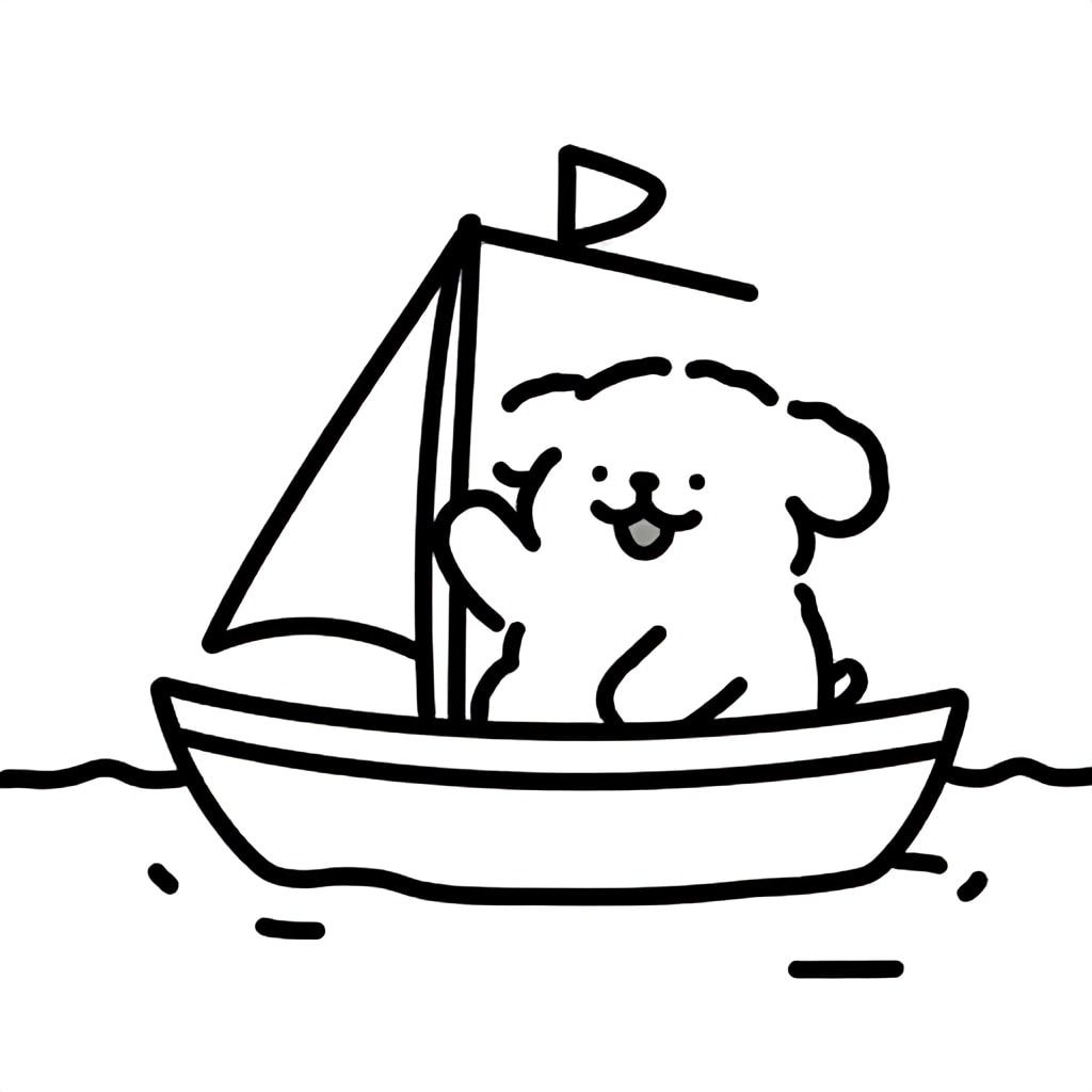 A smiling puppy sailing a small boat on a calm lake, simple cartoon, black outline, bold lines, no shading, kids coloring page