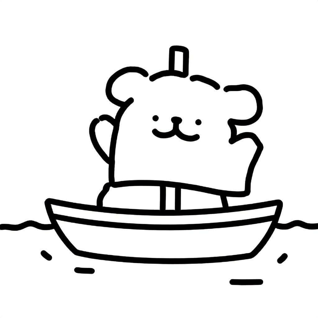 A smiling puppy sailing a small boat on a calm lake, simple cute cartoon, black outline, bold lines, no shading, kids coloring page