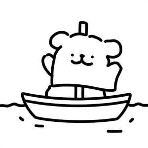 A smiling puppy sailing a small boat on a calm lake, simple cute cartoon, black outline, bold lines, no shading, kids coloring page
