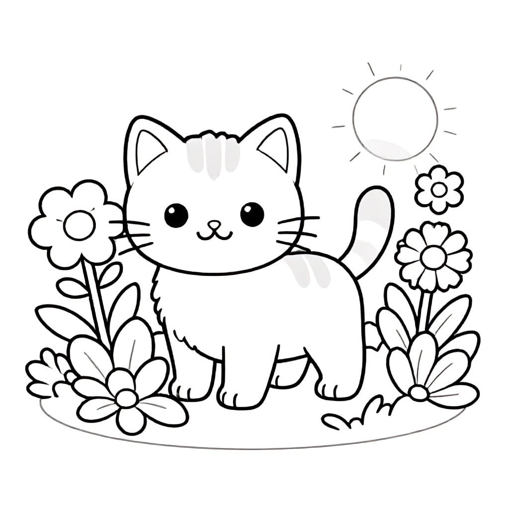 “A little kitten exploring a magical garden with big flowers, simple drawing, black and white, thick outlines, no shading”