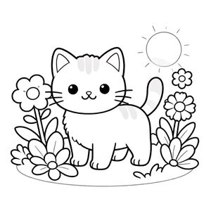 “A little kitten exploring a magical garden with big flowers, simple drawing, black and white, thick outlines, no shading”