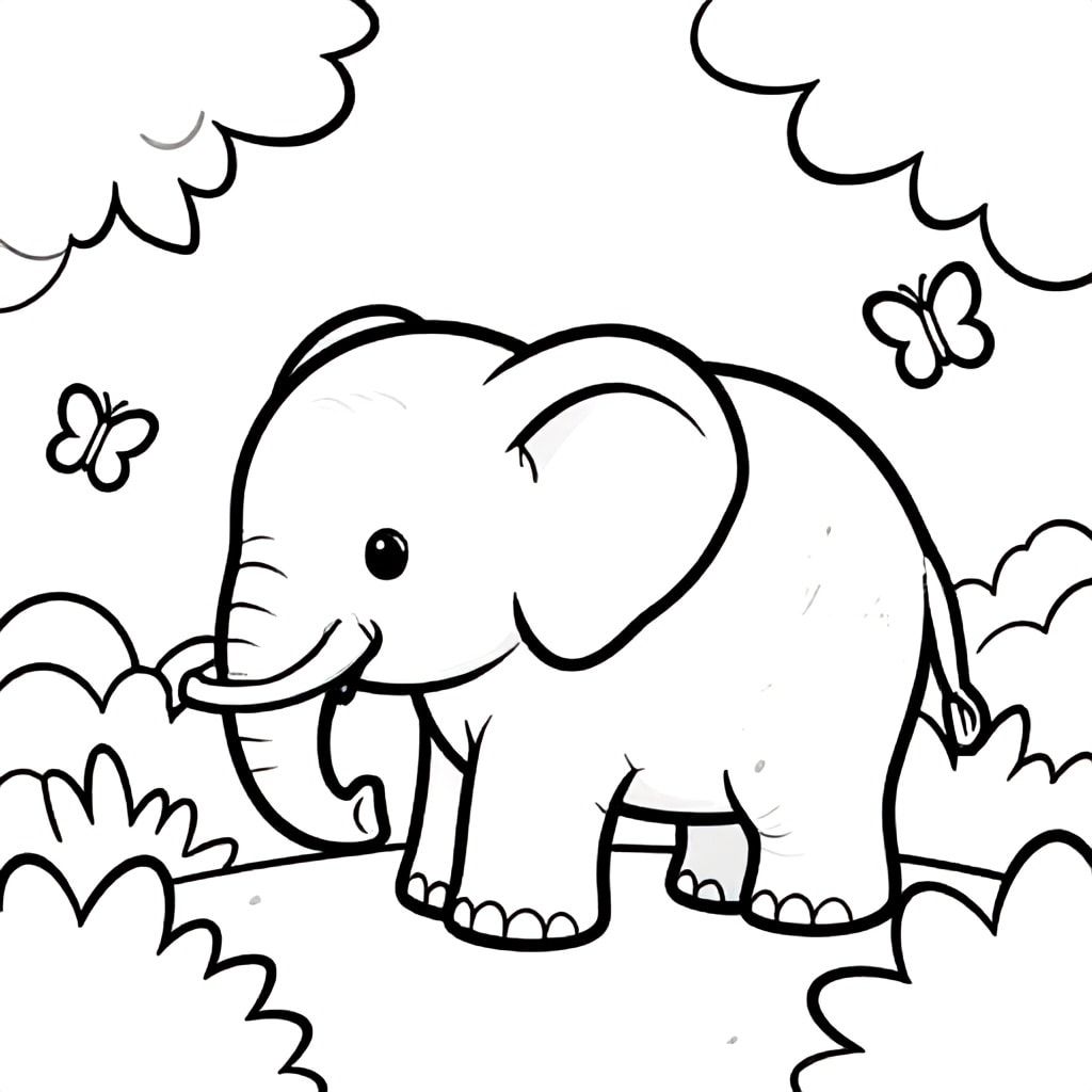 A baby elephant walking through the jungle with butterflies, cute style, bold lines, black and white, no shading, coloring book