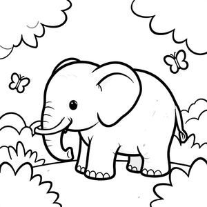 A baby elephant walking through the jungle with butterflies, cute style, bold lines, black and white, no shading, coloring book