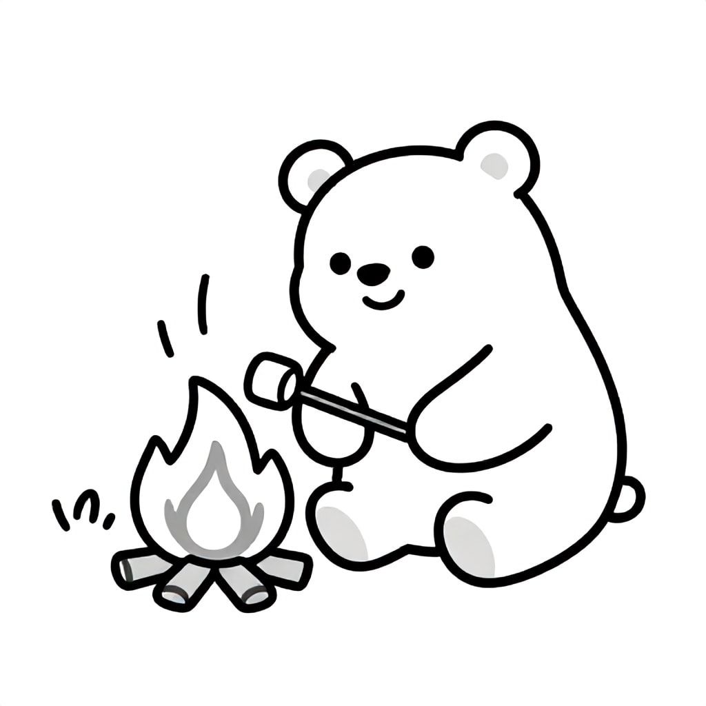 A happy bear camping and roasting marshmallows by a fire, simple cartoon, thick black outlines, no shading”