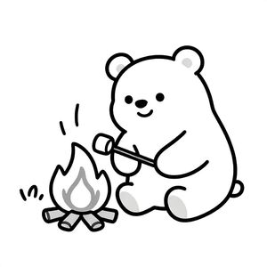 A happy bear camping and roasting marshmallows by a fire, simple cartoon, thick black outlines, no shading”