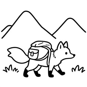 A small fox going on an adventure in the mountains with a backpack, simple black and white line art, bold lines, no shading