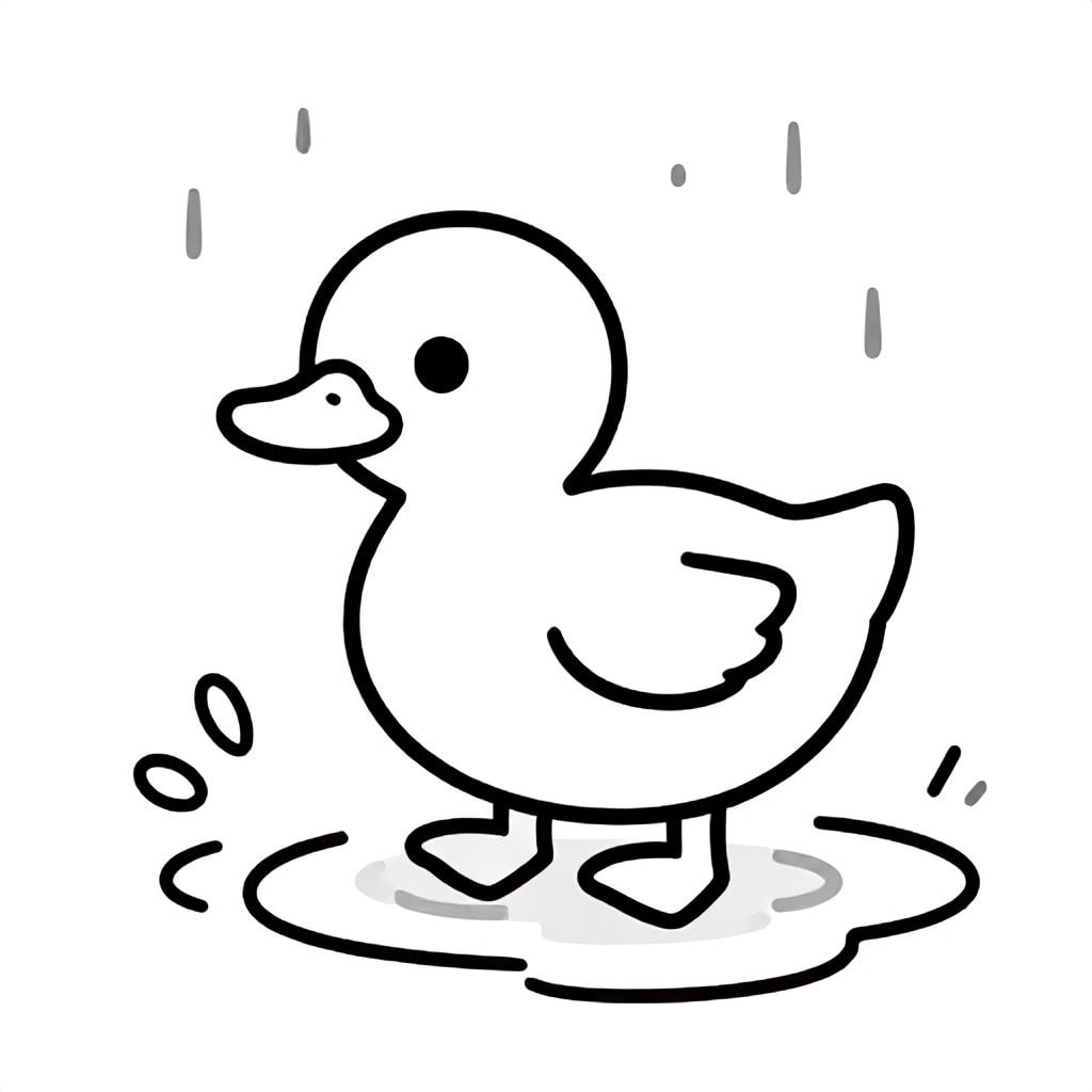 A duckling splashing in a puddle during a rainy day, cute and simple, bold outlines, black and white, no shading”