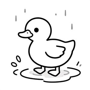 A duckling splashing in a puddle during a rainy day, cute and simple, bold outlines, black and white, no shading”