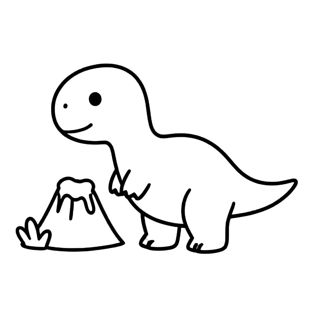 A baby dinosaur exploring a volcano landscape, friendly and cute, simple lines, black and white, no shading