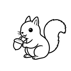 A squirrel collecting acorns in a forest, simple cartoon, bold thick lines, no shading, coloring page