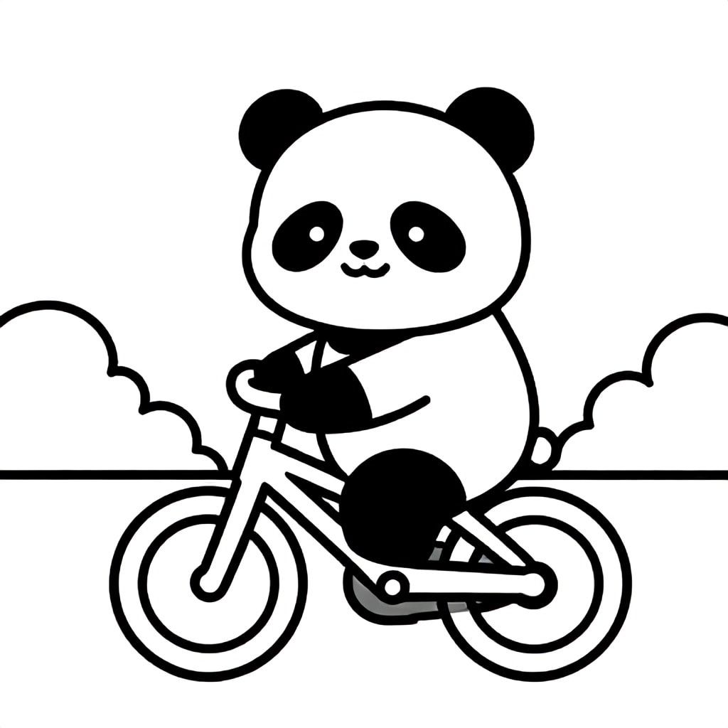 A panda riding a bicycle through a park, cute and simple style, black outline, bold lines, no shading
