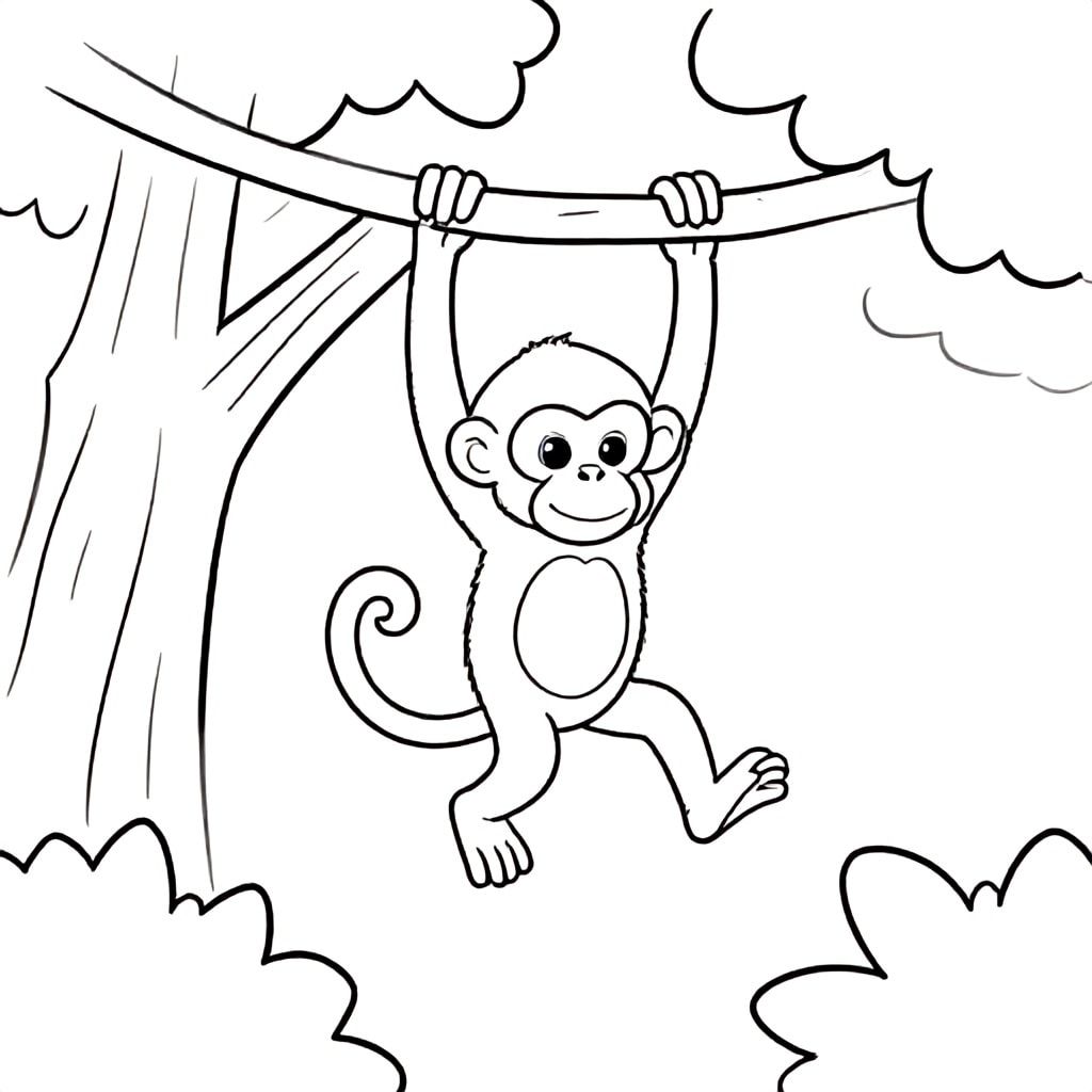 A little monkey swinging from trees in the jungle, simple black and white drawing, thick lines, no shading