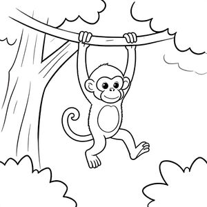 A little monkey swinging from trees in the jungle, simple black and white drawing, thick lines, no shading
