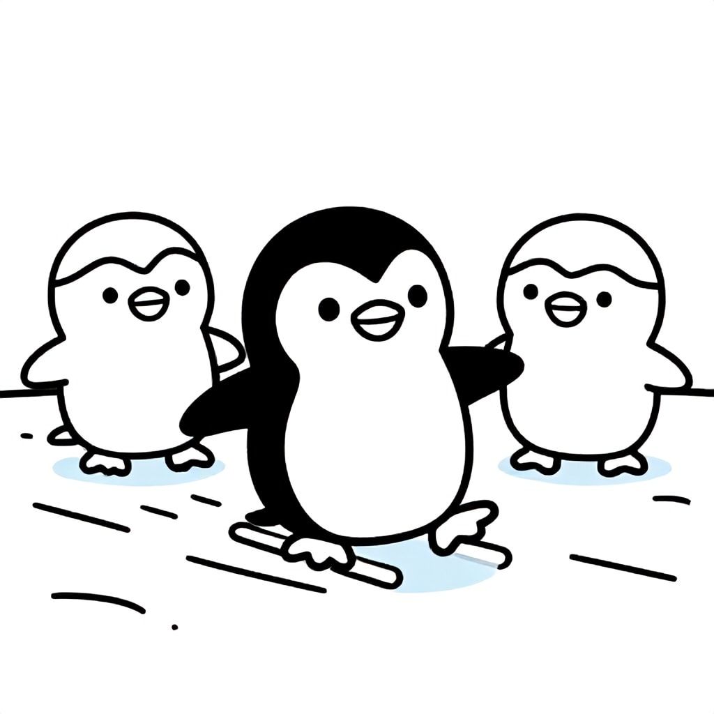 A penguin sliding on ice with friends in Antarctica, cute cartoon, bold outlines, black and white, no shading