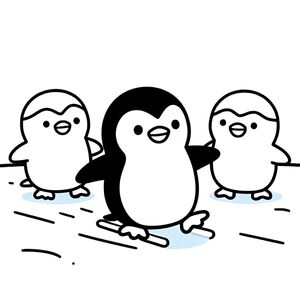 A penguin sliding on ice with friends in Antarctica, cute cartoon, bold outlines, black and white, no shading