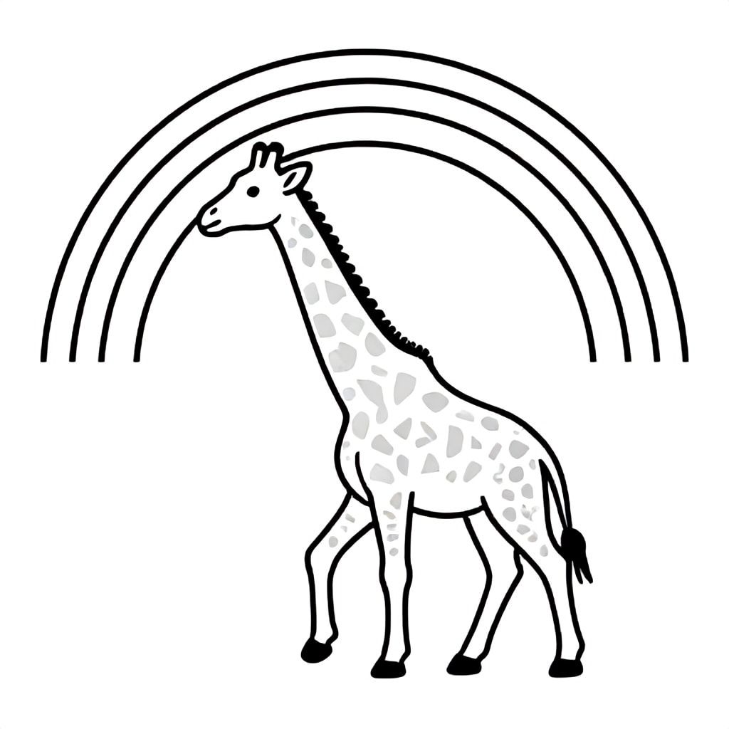 A giraffe walking under a rainbow in the savanna, simple design, thick black lines, no shading