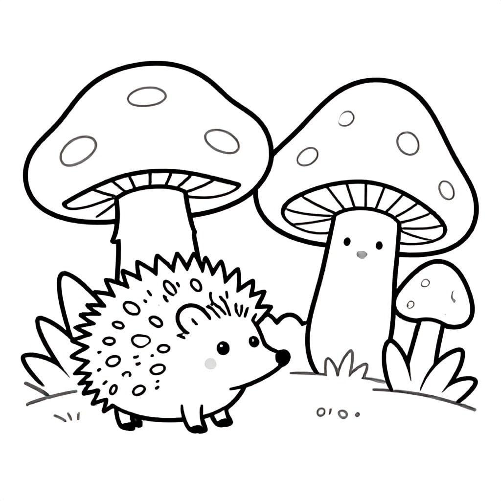 “A hedgehog exploring a mushroom forest, cute and simple, bold outlines, black and white coloring page

