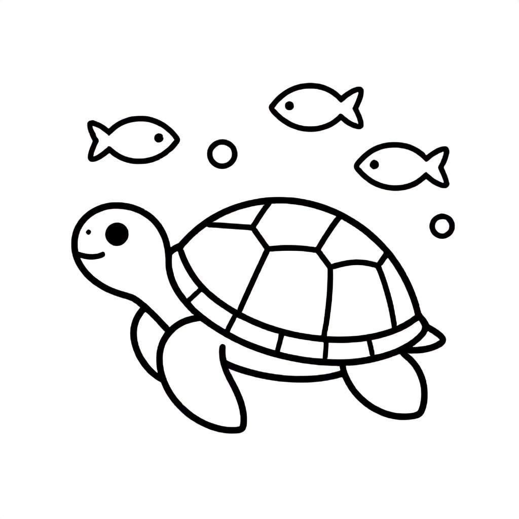 A turtle swimming underwater with fish and bubbles, simple line art, bold black outlines, no shading