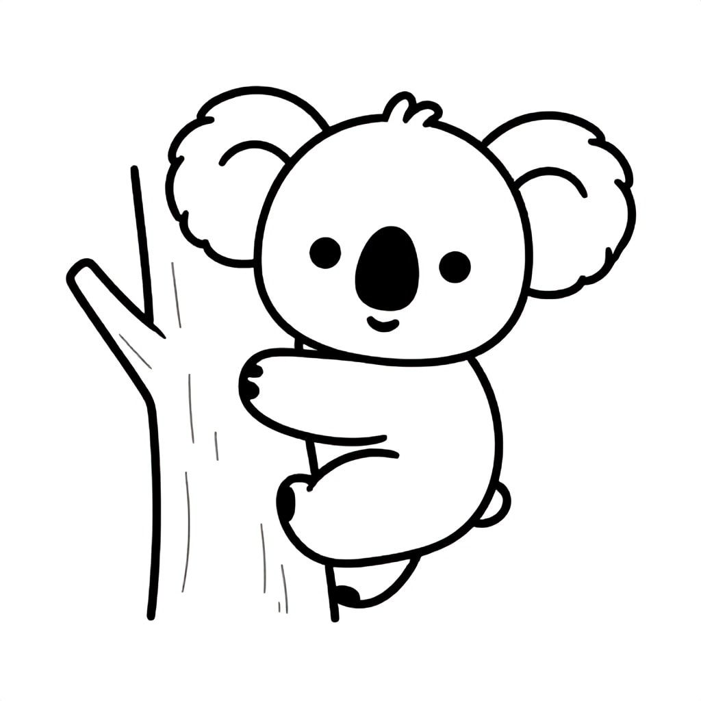 “A koala climbing a tree and waving, cute cartoon style, black and white, thick lines, no shading