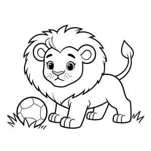 A lion cub playing in the grass with a ball, simple drawing, bold outlines, no shading, coloring page