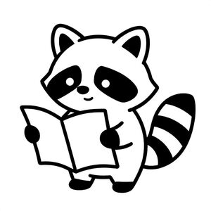 A raccoon searching for treasure with a map, cute and simple, black and white, bold lines, no shading
