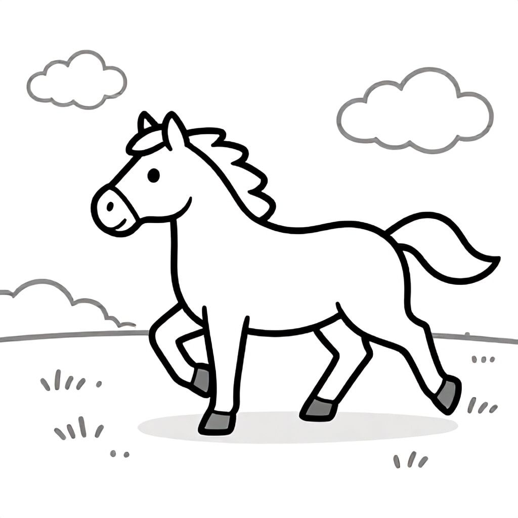 A horse running freely in a field with clouds, simple cartoon, thick black outlines, no shading