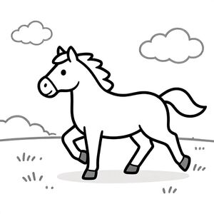 A horse running freely in a field with clouds, simple cartoon, thick black outlines, no shading