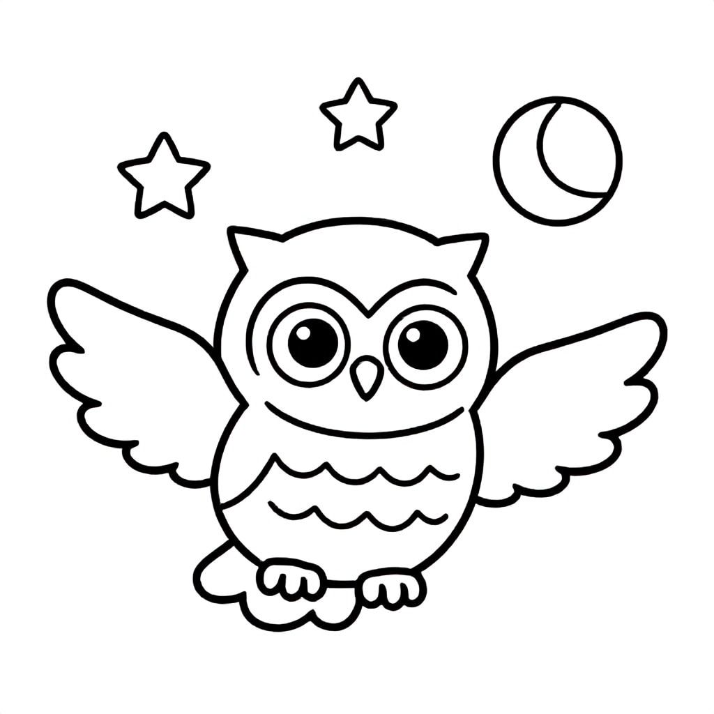 A baby owl flying at night with stars and moon, cute simple style, bold lines, black and white, no shading