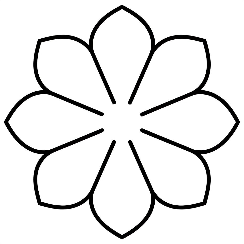 Symmetrical floral mandala with large petals, clean simple shapes, bold outlines, no shading