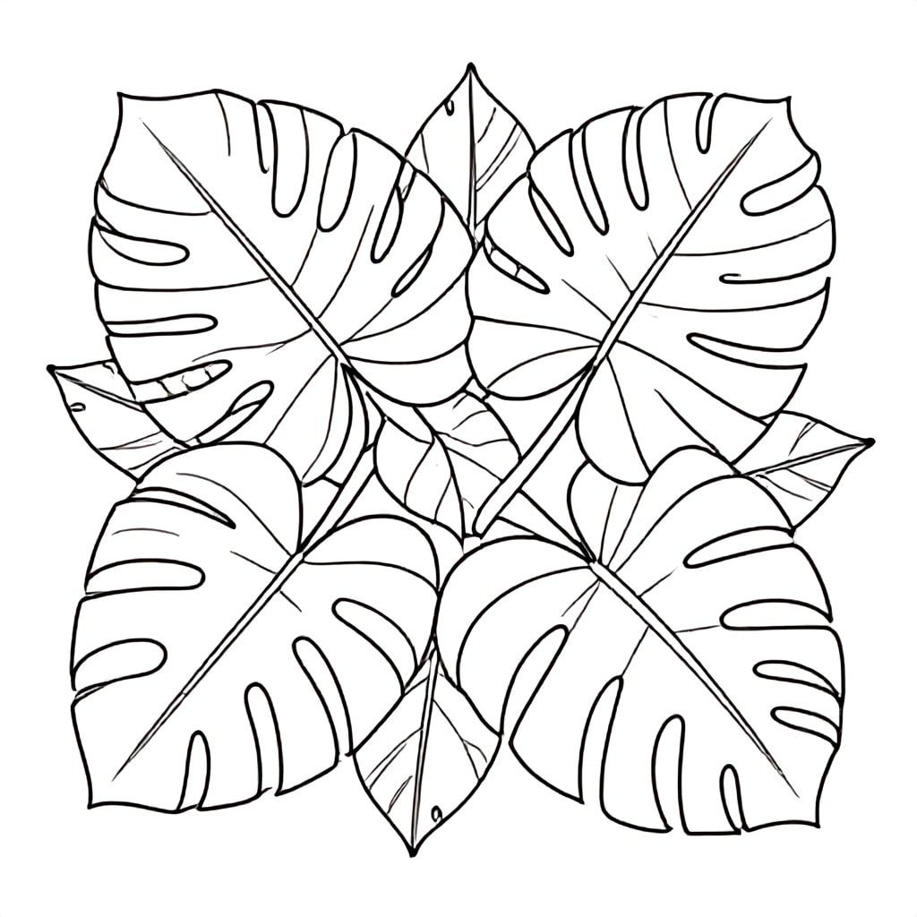 Dense leaf pattern with overlapping tropical leaves, clean outlines, black and white