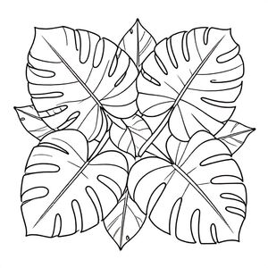 Dense leaf pattern with overlapping tropical leaves, clean outlines, black and white