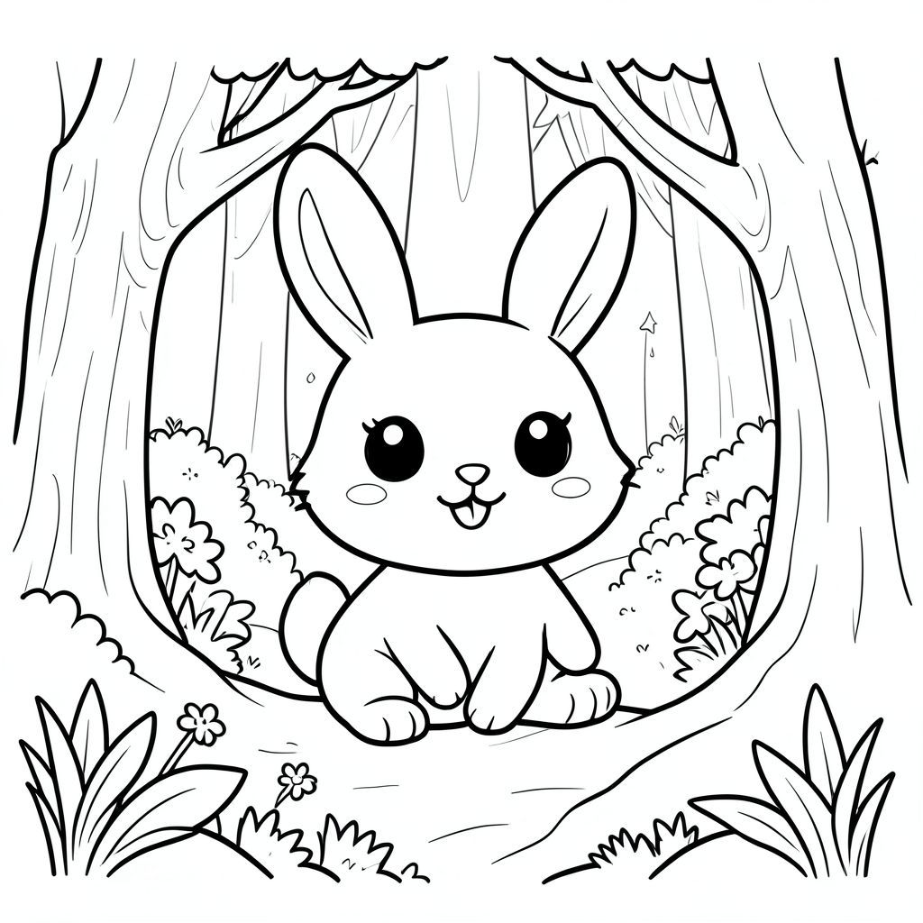 Cute kawaii bunny exploring a magical forest, simple line art, black and white coloring page, big eyes, smiling, thick outlines, vector style, black and white, coloring book page, no shading, thick clean outlines, white background