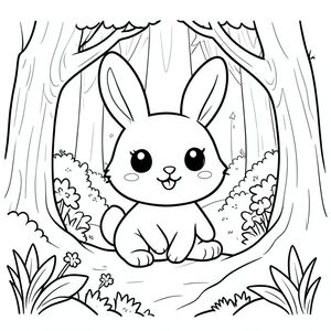 Cute kawaii bunny exploring a magical forest, simple line art, black and white coloring page, big eyes, smiling, thick outlines, vector style, black and white, coloring book page, no shading, thick clean outlines, white background