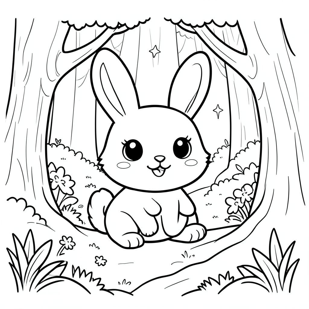  kawaii bunny exploring a magical forest, simple line art, black and white coloring page, big eyes, smiling, thick outlines, vector style, black and white, coloring book page, no shading, thick clean outlines, white background