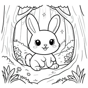  kawaii bunny exploring a magical forest, simple line art, black and white coloring page, big eyes, smiling, thick outlines, vector style, black and white, coloring book page, no shading, thick clean outlines, white background
