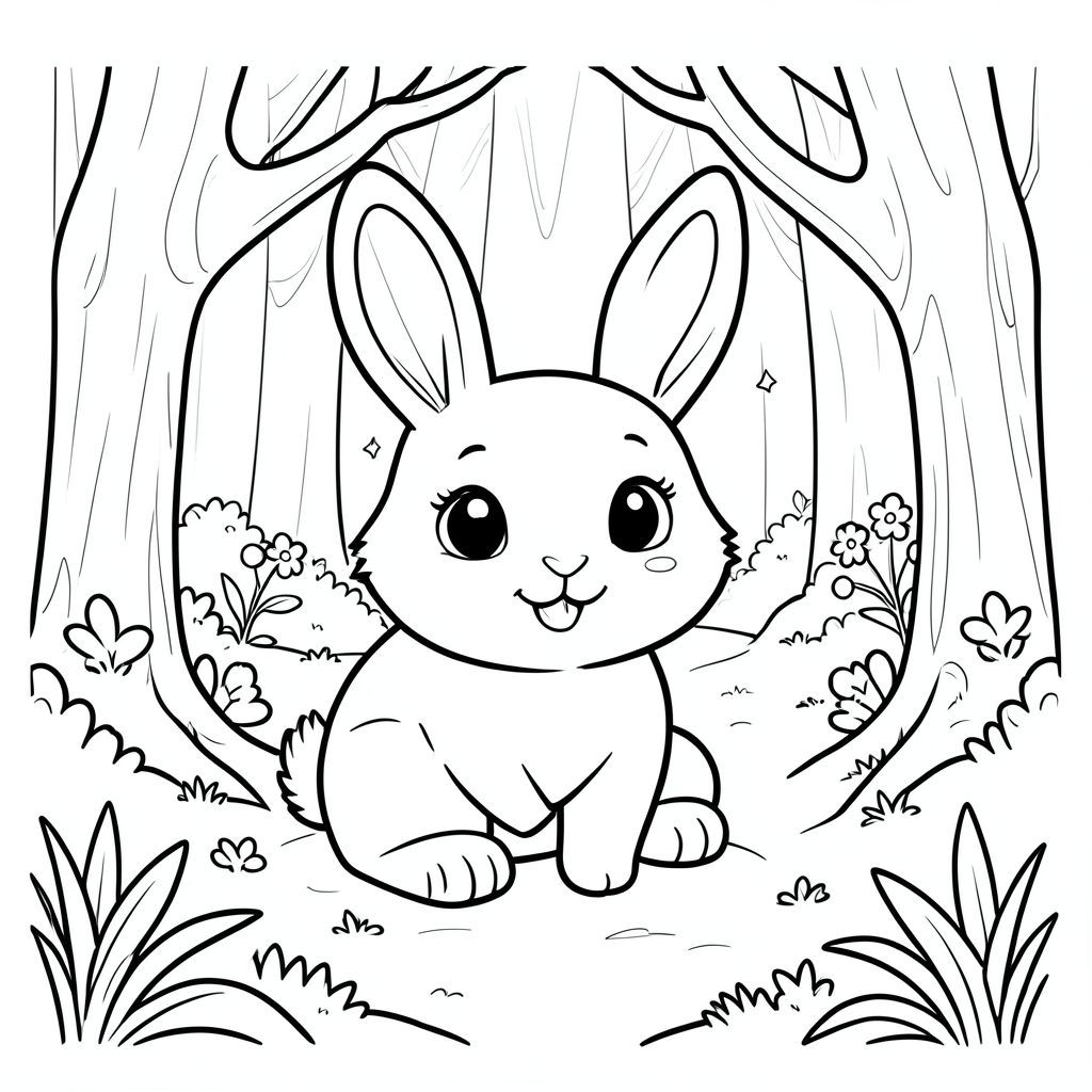 Cute bunny exploring a magical forest, simple line art, black and white coloring page, big eyes, smiling, thick outlines, vector style, black and white, coloring book page, no shading, thick clean outlines, white background
