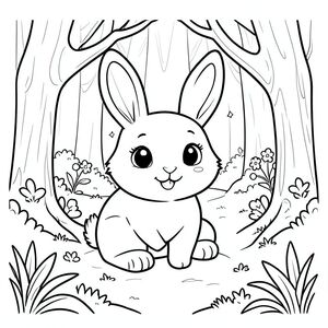 Cute bunny exploring a magical forest, simple line art, black and white coloring page, big eyes, smiling, thick outlines, vector style, black and white, coloring book page, no shading, thick clean outlines, white background