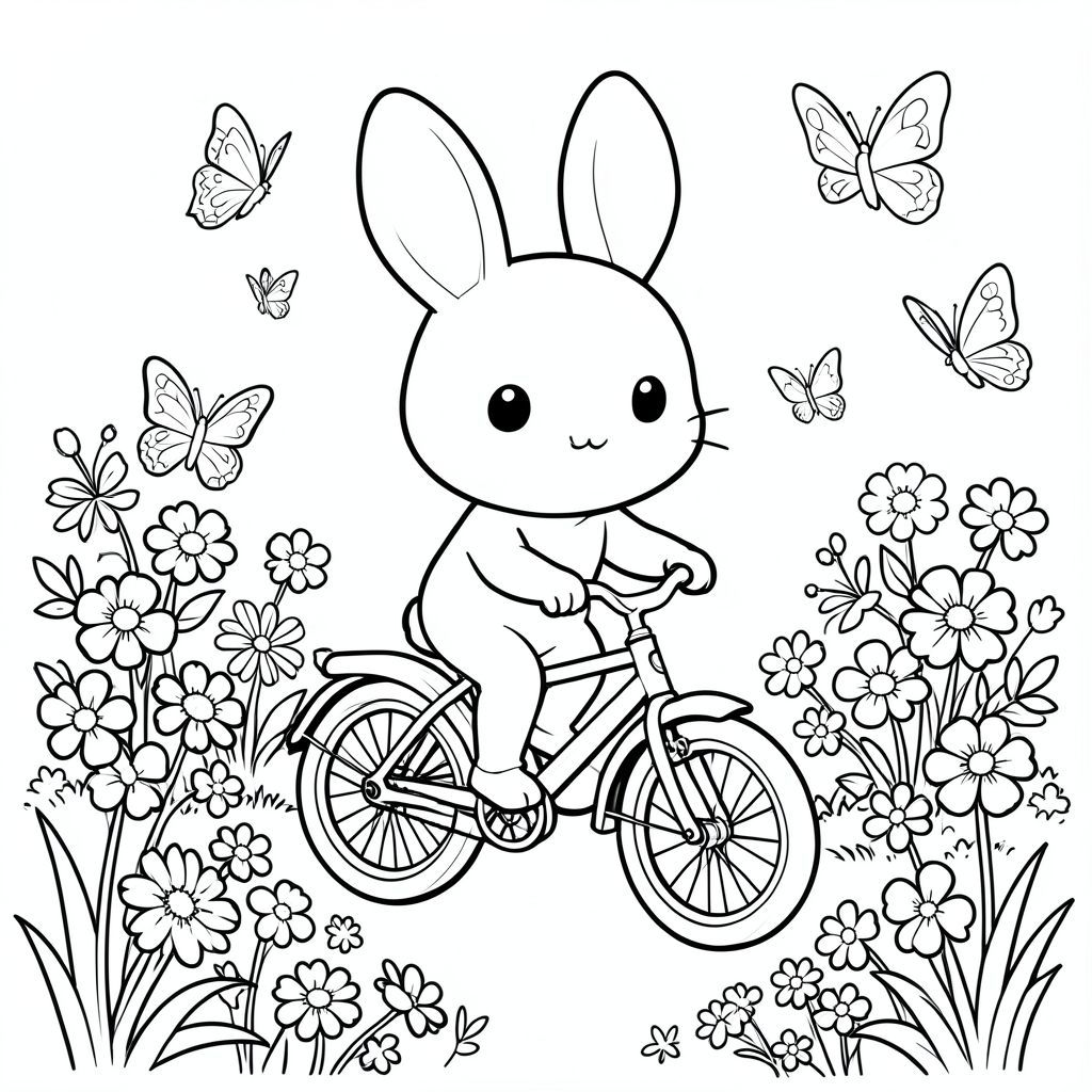 Kawaii bunny riding a bicycle through a flower garden, butterflies around, black and white line art, kids coloring book style, vector style, black and white, coloring book page, no shading, thick clean outlines, white background