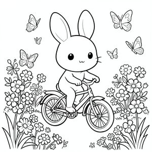Kawaii bunny riding a bicycle through a flower garden, butterflies around, black and white line art, kids coloring book style, vector style, black and white, coloring book page, no shading, thick clean outlines, white background