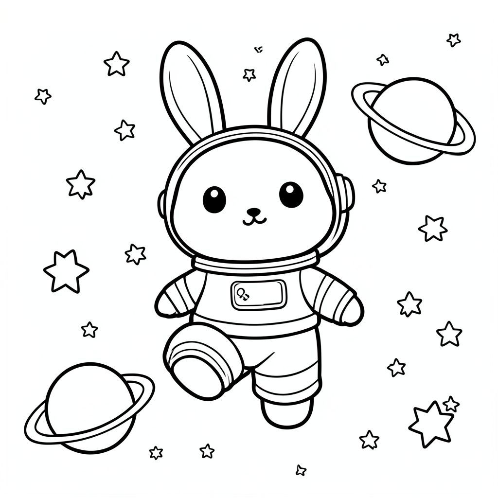 Adorable bunny astronaut floating in space with stars and planets, kawaii style, clean bold outlines, no shading, vector style, black and white, coloring book page, no shading, thick clean outlines, white background