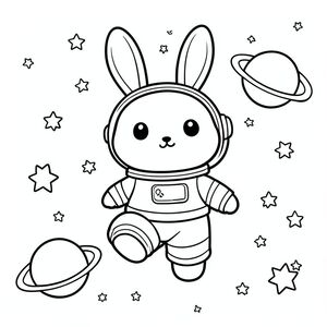 Adorable bunny astronaut floating in space with stars and planets, kawaii style, clean bold outlines, no shading, vector style, black and white, coloring book page, no shading, thick clean outlines, white background