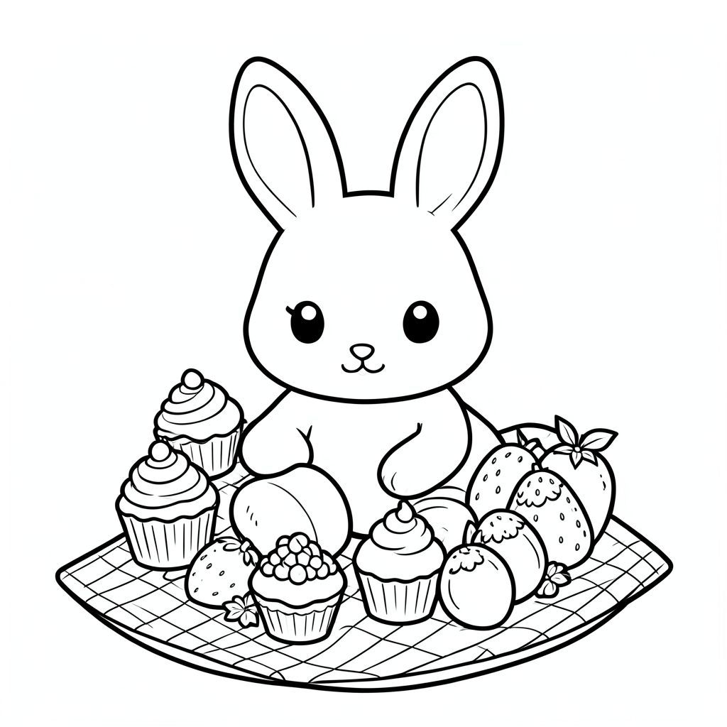 Bunny having a picnic with cupcakes and fruits, kawaii style, black and white coloring page, simple background, vector style, black and white, coloring book page, no shading, thick clean outlines, white background
