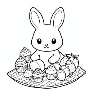 Bunny having a picnic with cupcakes and fruits, kawaii style, black and white coloring page, simple background, vector style, black and white, coloring book page, no shading, thick clean outlines, white background
