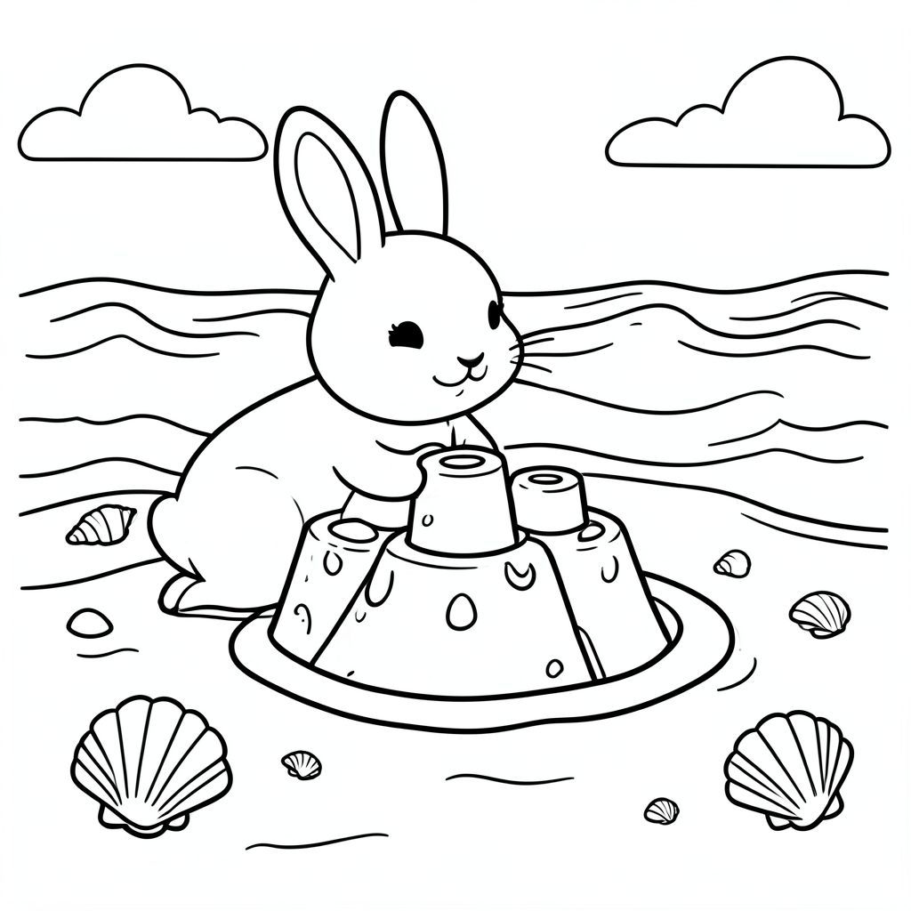 Cute bunny building a sandcastle at the beach, seashells and waves, line art for kids coloring book, vector style, black and white, coloring book page, no shading, thick clean outlines, white background