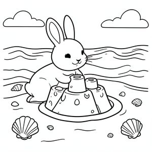 Cute bunny building a sandcastle at the beach, seashells and waves, line art for kids coloring book, vector style, black and white, coloring book page, no shading, thick clean outlines, white background